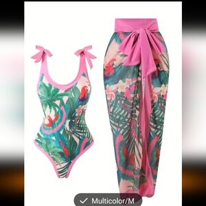 Tropical Print Ladies One Piece Swimsuit with Skirt